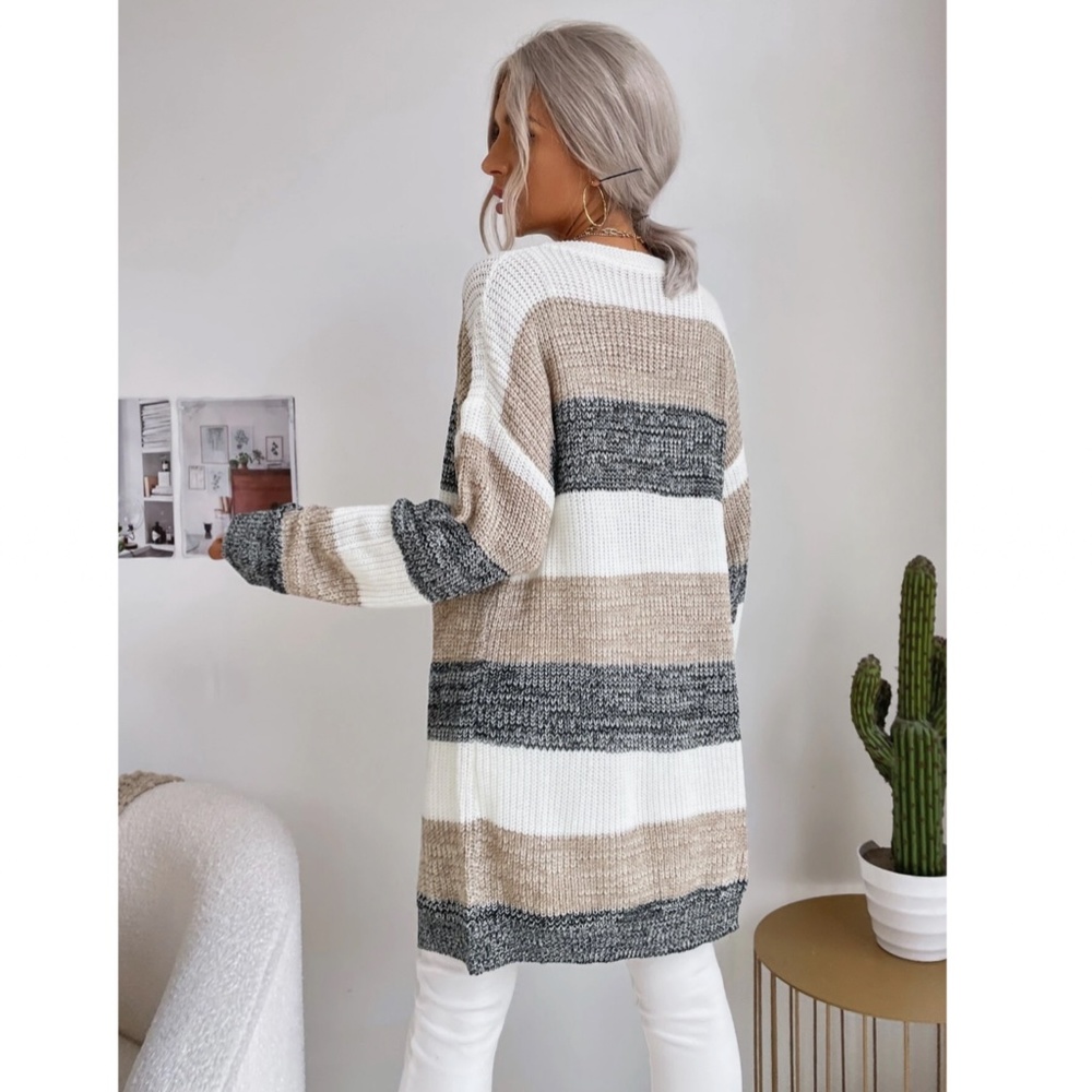 Colorblock Stripes Open Knit Cardigan Knee Length - Picture 2 of 9